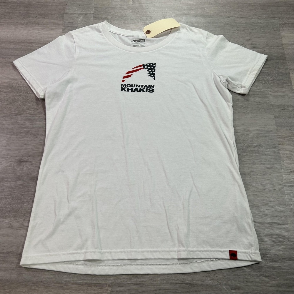 NEW‎ Mountain Khakis Shirt Womens Large White American Flag Graphic Logo Tee